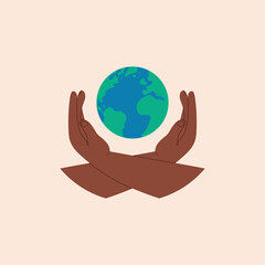 Earth Day. Vector illustration of hands holding earth in flat style. Happy Earth day.