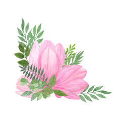 Magnolia flower arrangement clipart, floral composition, bouquet with leaves and flowers simple watercolor illustration for greeting card, poster, trendy modern decor ideas