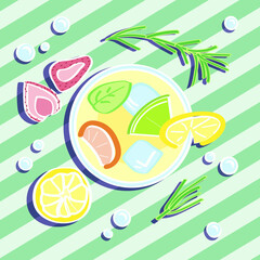 Lemonade in glass with rosemary and fruit, vector illustration