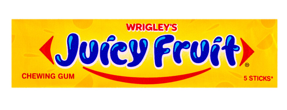 Wrigley's Juicy Fruit chewing gum 5 sticks isolated on white background with clipping path.