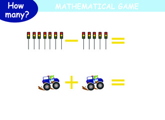 mathematical examples of addition and subtraction with colored cars