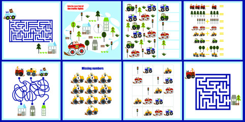 Mini games collections with cars for development. I spy. Maze.  Colorful vector illustration in flat style.