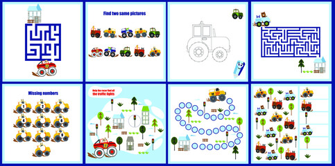 Mini games collections with cars for development. I spy. Maze.  Colorful vector illustration in flat style.