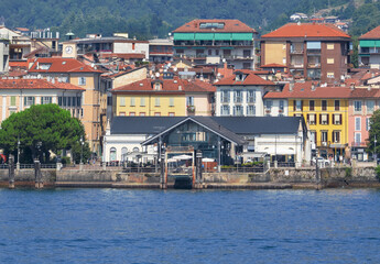 aerial view of the old pier of Intra - Verbania, suggestive late nineteenth century building in Art Nouveau style Lake Maggiore, Italy