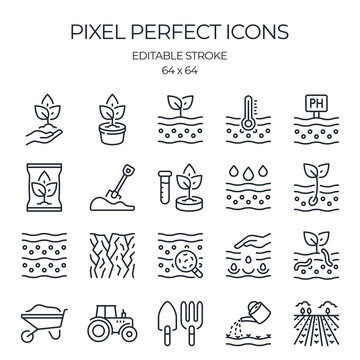 Soil and gardening related editable stroke outline icons set isolated on white background flat vector illustration. Pixel perfect. 64 x 64.