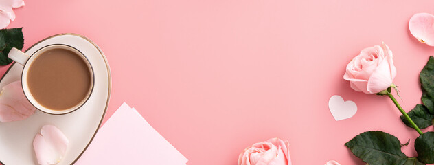 Mother's Day design concept background with pink rose flower and milk tea on pink background.