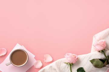 Mother's Day design concept background with pink rose flower and milk tea on pink background.