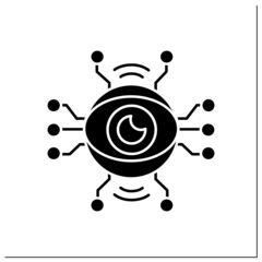 AI surveillance glyph icon. Wireless eye for smart surveillance technology and CCTV. Web, ui and digital CCTV security system projects. Filled flat sign. Isolated silhouette vector illustration