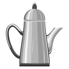 A kettle for a hot drink. Coffee pot, tea utensils, cocoa, hot water. Metal casing and spout, plastic handle. Kitchen utensils. Mockup , coloring. Vector, Flat, Cartoon, Gray, isolated