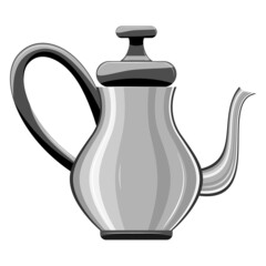A kettle for a hot drink. Pear-shaped casing, metal spout. Coffee pot, tea utensils, cocoa, hot water. Kitchen utensils. Mockup , coloring. Vector, Flat, Cartoon, Gray, isolated