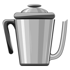 A kettle for a hot drink. Coffee pot, tea utensils, cocoa, hot water. The casing is in the shape of a cone, a long spout. Kitchen utensils. Mockup , coloring. Vector, Flat, Cartoon, Gray, isolated