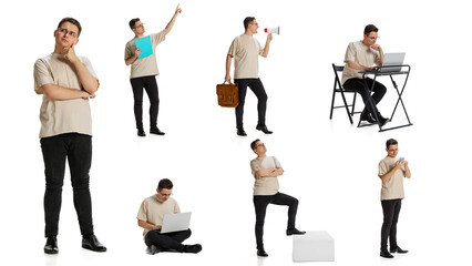 Collage. Young man, professional analytics working isolated over white background