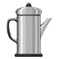 A kettle for a hot drink. Cylindrical casing made of metal. Coffee pot, tea utensils, cocoa, hot water. Kitchen utensils. Mockup , coloring. Vector, Flat, Cartoon, Gray, isolated