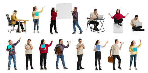 Collage. Office workers, employees during working day cycle isolated over white background