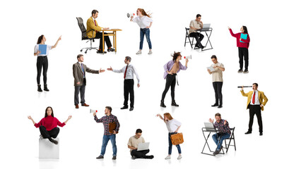 Fototapeta na wymiar Collage. Business people, employees, managers working on projects isolated over white background