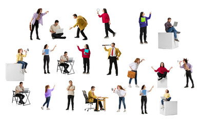 Collage. Business people, employees, managers working on projects isolated over white background. IT developers