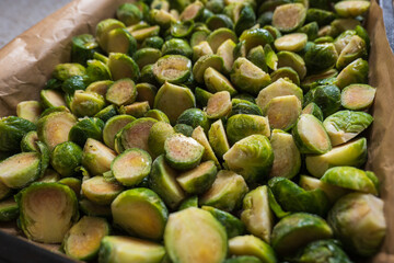 frozen sliced brussels sprouts on baking tray closeup