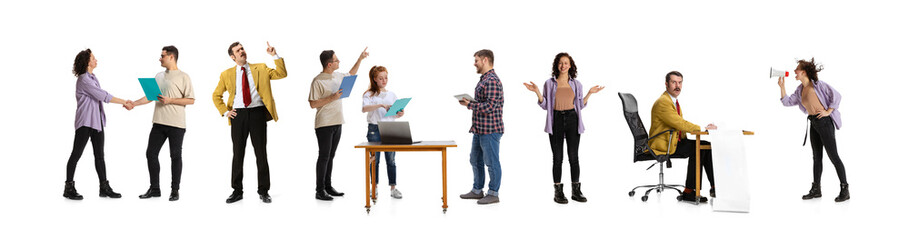 Obraz premium Collage. Business people, office workers, employees, managers during working day isolated over white background