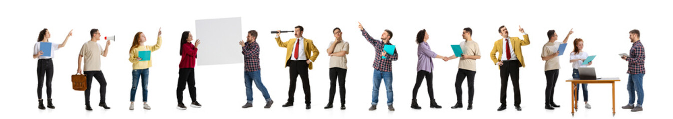 Obraz premium Collage. Business people, office workers, employees, managers during working day isolated over white background