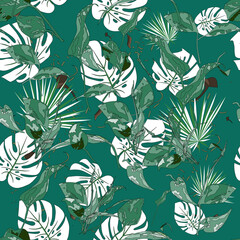 Fototapeta premium Floral seamless pattern with monstera deliciosa and fern leaves on green background.