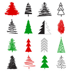 Christmas trees on white. Set on isolated background. Objects for banners, posters, t-shirts and textiles