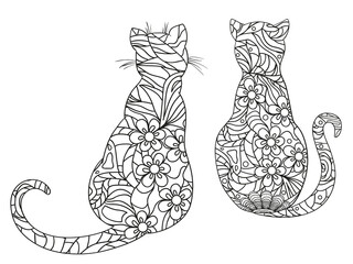 Cats on white. Zentangle. Hand drawn animals with abstract patterns on isolation background. Design for spiritual relaxation for adults. Black and white illustration for coloring