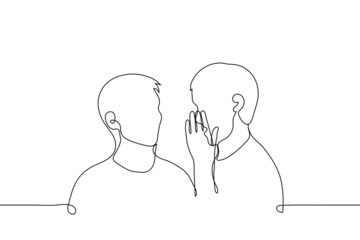 man standing alone whispering hiding behind his palm - one line drawing vector. concept gossip, keep secret - obrazy, fototapety, plakaty