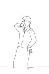 man stands playfully smiling and posing - one line drawing vector. concept posing for photo, male fashion model in shirt, man tempt