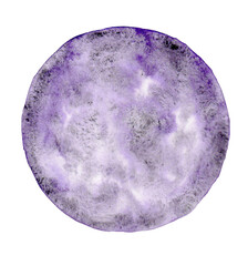 Watercolor moon illustration. Purple, circle, full view. 