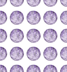 Watercolor moon pattern illustration. Purpule, grey colors, circle, full view. Hand drawn water colour painting, isolated on white background.