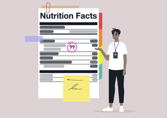 Nutrition facts, added sugar, healthy lifestyle, the balance of ingredients in daily ration, a young character with a badge explaining a product label