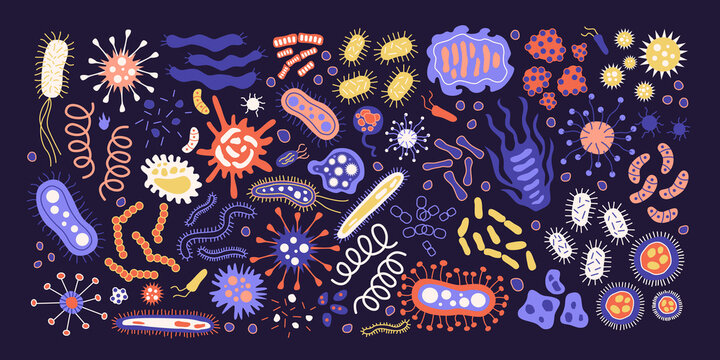 Set of different Bundle of infectious microorganisms isolated. Cartoon collection of infectious germs, protests, microbes. A bunch of diseases that cause bacteria, viruses. Isolated flat illustration.