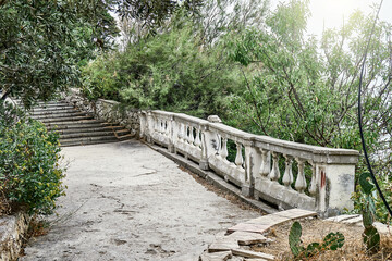 Fototapeta premium Stone staircase and shabby balcony with figure railing near garden. Branches of trees leaning on stairs and concrete floor at bright sunlight