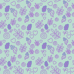 Seamless abstract floral pattern. Blue, violet, purple. Vector illustration. Flowers, leaves, hearts, swirls. Doodle. Design for textile fabrics, wrapping paper, background, wallpaper, cover.