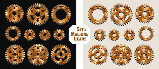 Set of machine copper polished gears in vintage style. Good for decoration in steampunk style. Vector. - obrazy, fototapety, plakaty