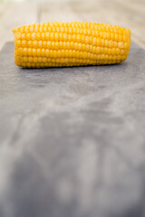 ripe sweet corn on grey marble background with copy space