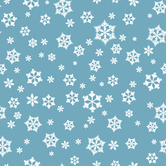 Winter seamless pattern with white snowflakes on blue background. Vector illustration for fabric, textile wallpaper, posters, gift wrapping paper. Christmas vector illustration. Falling snow