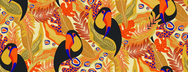 toucan, bird, exotic bird, bird of paradise, tropical animals, mexican, vector, seamless vector, seamless pattern, vector file, bright tropics, jungle, rainforest, monstera, banana, tropics, tropical 