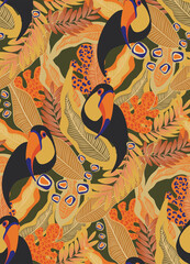toucan, bird, exotic bird, bird of paradise, tropical animals, mexican, vector, seamless vector, seamless pattern, vector file, bright tropics, jungle, rainforest, monstera, banana, tropics, tropical 