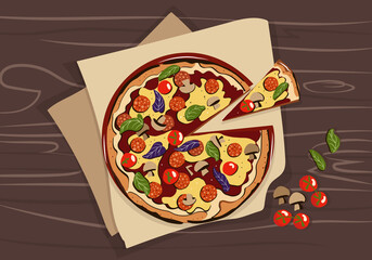 Italian pizza with salami, mushrooms, tomatoes, basil and cheese on a wooden table. Vector illustration