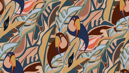 toucan, bird, exotic bird, bird of paradise, tropical animals, mexican, vector, seamless vector, seamless pattern, vector file, bright tropics, jungle, rainforest, monstera, banana, tropics, tropical 