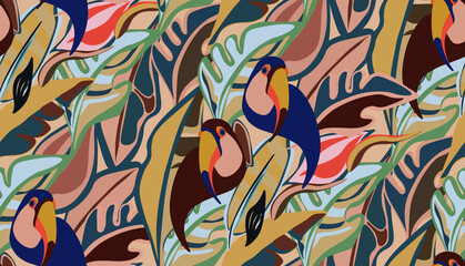 toucan, bird, exotic bird, bird of paradise, tropical animals, mexican, vector, seamless vector, seamless pattern, vector file, bright tropics, jungle, rainforest, monstera, banana, tropics, tropical 