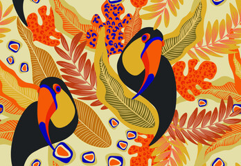 toucan, bird, exotic bird, bird of paradise, tropical animals, mexican, vector, seamless vector, seamless pattern, vector file, bright tropics, jungle, rainforest, monstera, banana, tropics, tropical 