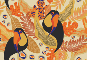 toucan, bird, exotic bird, bird of paradise, tropical animals, mexican, vector, seamless vector, seamless pattern, vector file, bright tropics, jungle, rainforest, monstera, banana, tropics, tropical 