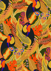 toucan, bird, exotic bird, bird of paradise, tropical animals, mexican, vector, seamless vector, seamless pattern, vector file, bright tropics, jungle, rainforest, monstera, banana, tropics, tropical 