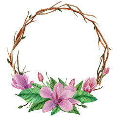 Spring wreath of branches with pink magnolia flowers, green leaves, flower buds. Watercolor illustration. Perfect for wedding invitations, holidays and for postcard design.