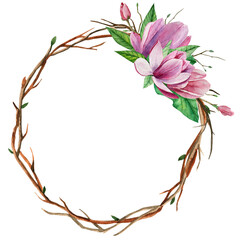 Spring wreath of branches with pink magnolia flowers, green leaves, flower buds. Watercolor illustration. Perfect for wedding invitations, holidays and for postcard design.