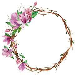 Tender spring wreath of branches with pink magnolia flowers, green leaves, flower buds. Watercolor illustration. Perfect for wedding invitations, holidays and for postcard design.