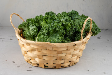Fototapeta na wymiar Fresh cabbage kale in a basket on a gray background.