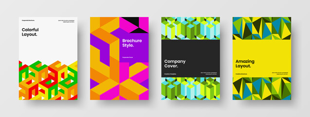 Vivid leaflet design vector concept set. Unique geometric pattern company identity layout bundle.